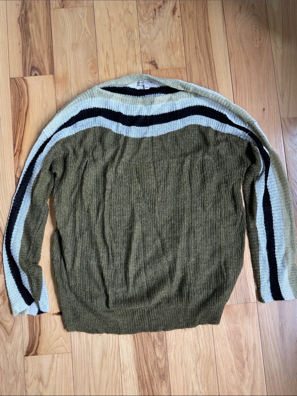 Liverpool Olive Crewneck Sweater with Cream and Black Accent Stripes